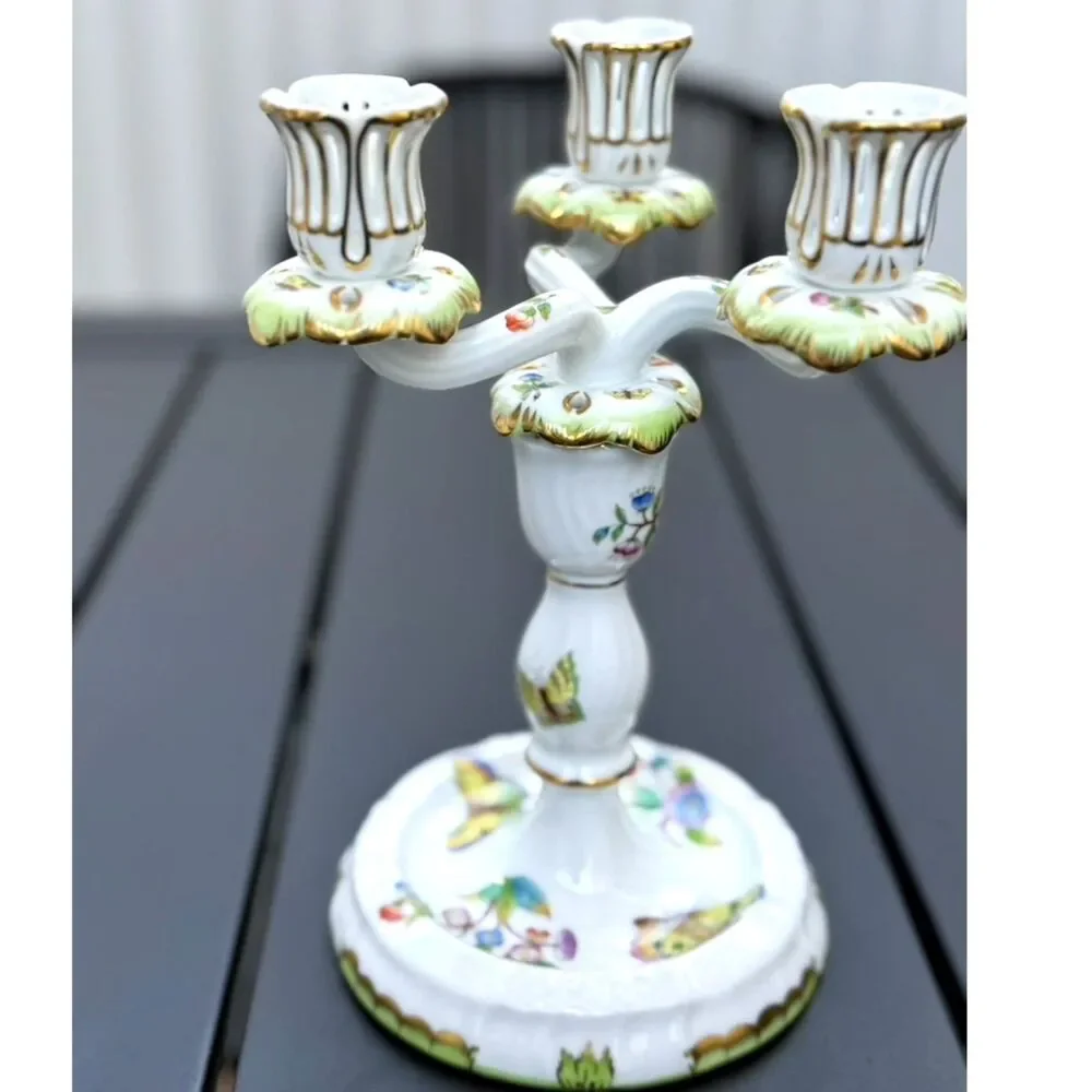 VTG Herend Queen Victoria Green Border Floral Butterfly Triple Candlestick SZ 9